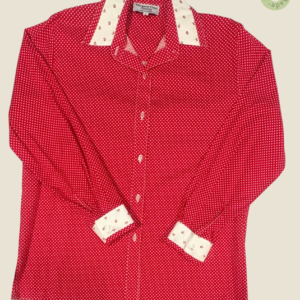 #260 – This shirt features a vibrant red base with a white micro-polka dot pattern thro