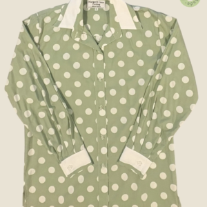 #262 – This shirt features a sage green base with a large white polka dot pattern throu