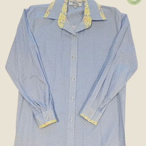 #264 – This shirt features a light blue base with a white micro-polka dot pattern throu