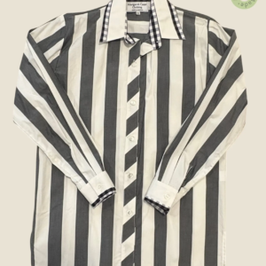 #265 – This shirt features a bold charcoal grey and white vertical striped pattern thro