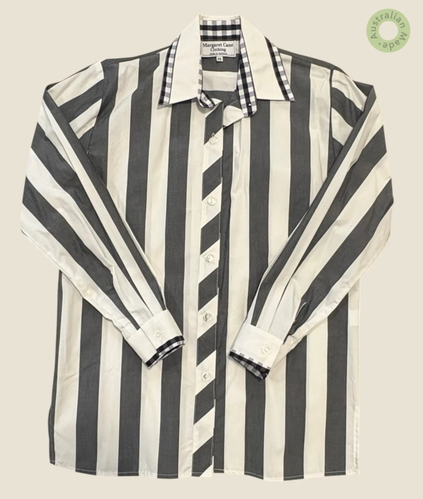 #265 – This shirt features a bold charcoal grey and white vertical striped pattern thro