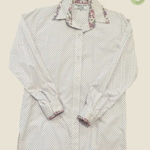 #266 – This shirt features a white base with a dense lavender micro-polka dot pattern a