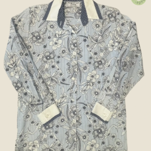 #268 – This shirt features a light blue and white vertical striped base overlaid with a