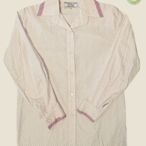#269 – This shirt features a white base with a dense pink micro-polka dot pattern throu