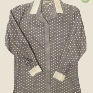 #270 – This shirt features a grey base with a large white polka dot pattern throughout