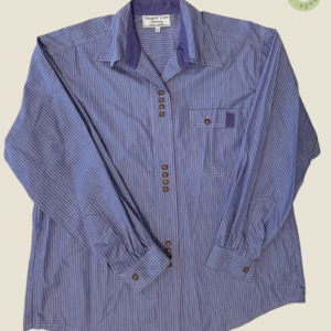 #138 – This shirt features an indigo base with fine pink vertical pinstripes throughout