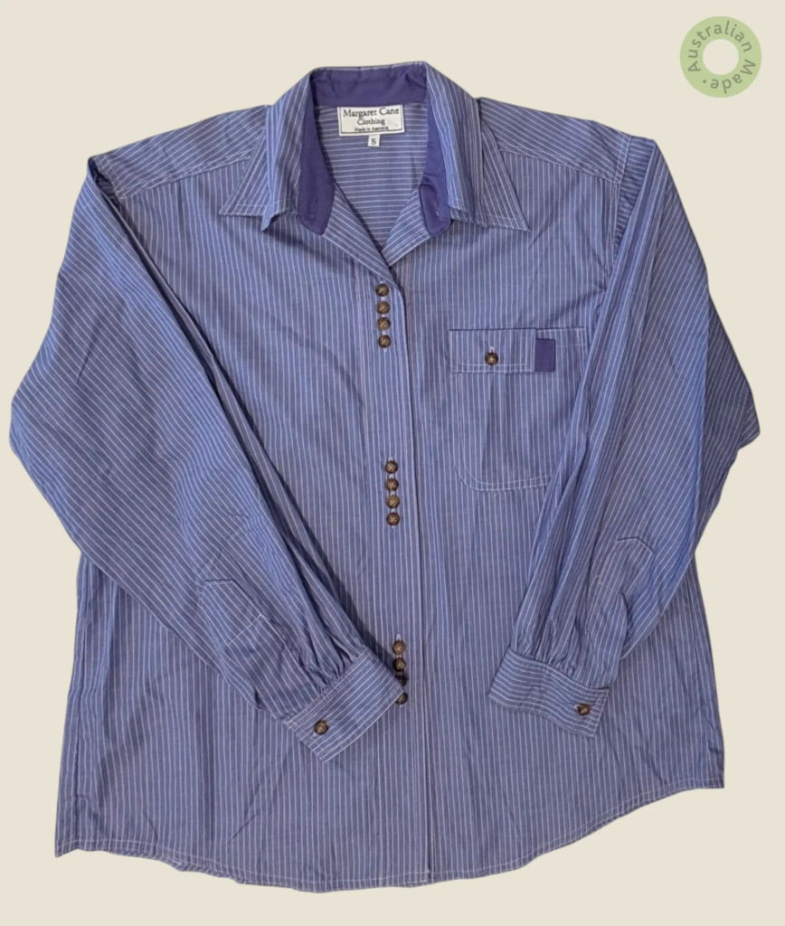 #138 – This shirt features an indigo base with fine pink vertical pinstripes throughout