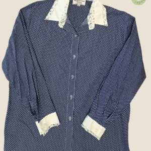 #271 – This shirt features an indigo base with a dense white micro-polka dot pattern th