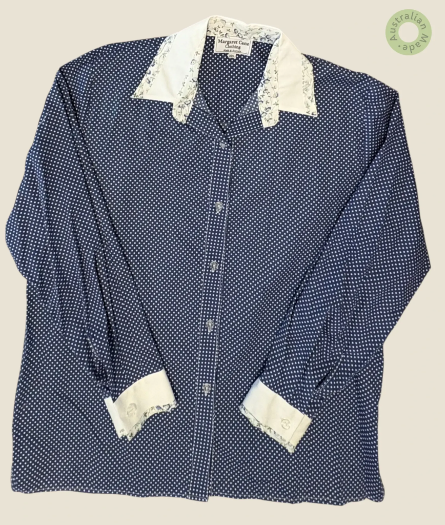 #271 – This shirt features an indigo base with a dense white micro-polka dot pattern th