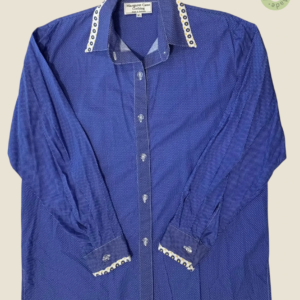 #272 – This shirt features a vibrant roval blue base with a dense white micro-polka dot