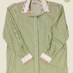 #276 – This shirt features a vibrant apple green and white vertical striped pattern thr