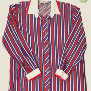 #277 – This shirt features a bold vertical striped pattern in red, blue, and white thro
