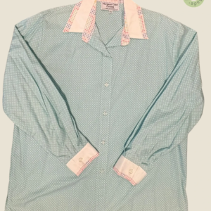 #278 – This shirt features a mint green base with a dense white micro-polka dot pattern