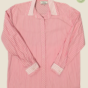 #279 – This shirt features a vibrant pink base with white vertical stripes throughout t