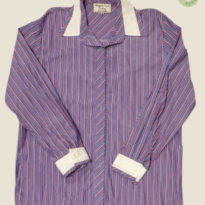 #280 – This shirt features a vibrant pink base with white vertical stripes throughout t
