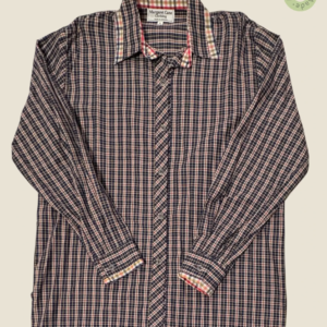 #283 – This shirt features a navy blue base with a fine white and red check pattern thr