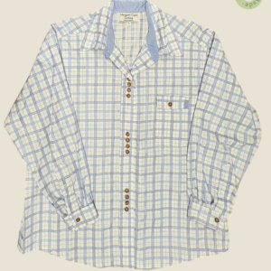 #139 – This shirt features a white base with a light blue windowpane check pattern thro