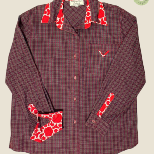 #140 – This shirt features a navy blue base with a fine red and white check pattern thr