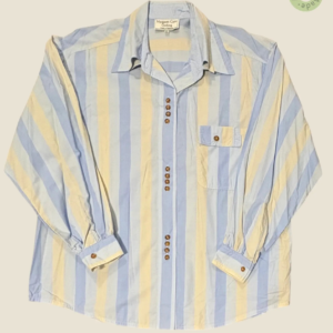 #141 – This shirt features a vertical wide-striped pattern in pale blue, soft yellow, a