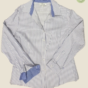 #508 – This shirt features a white base with fine indigo blue vertical pinstripes throu