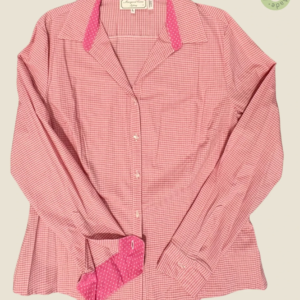 #509 – This shirt features a pink and white micro- check (gingham) pattern throughout t