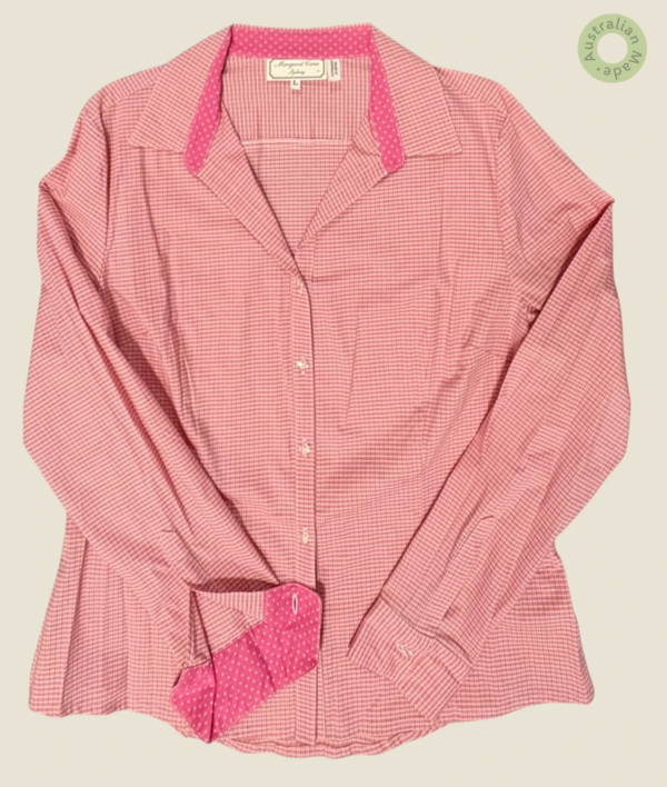 #509 – This shirt features a pink and white micro- check (gingham) pattern throughout t