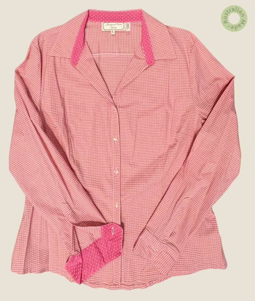 #509 – This shirt features a pink and white micro- check (gingham) pattern throughout t