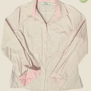 #510 – This shirt features a pale pink base with thin white vertical pinstripes through