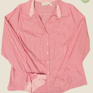 #511 – This shirt features a vibrant pink base with white vertical stripes throughout t