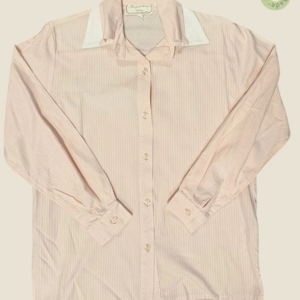 #142 – This shirt features a pale pink base with thin white vertical pinstripes through