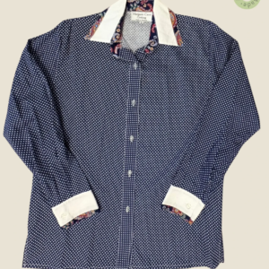 #284 – This shirt features a navy blue base with a dense white micro-polka dot pattern