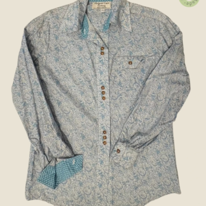 #143 – This shirt features a white base with an intricate teal and light blue paisley p