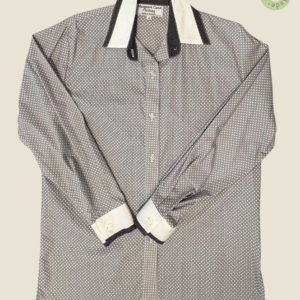 #285 – This shirt features a grey base with a dense white micro-polka dot pattern throu