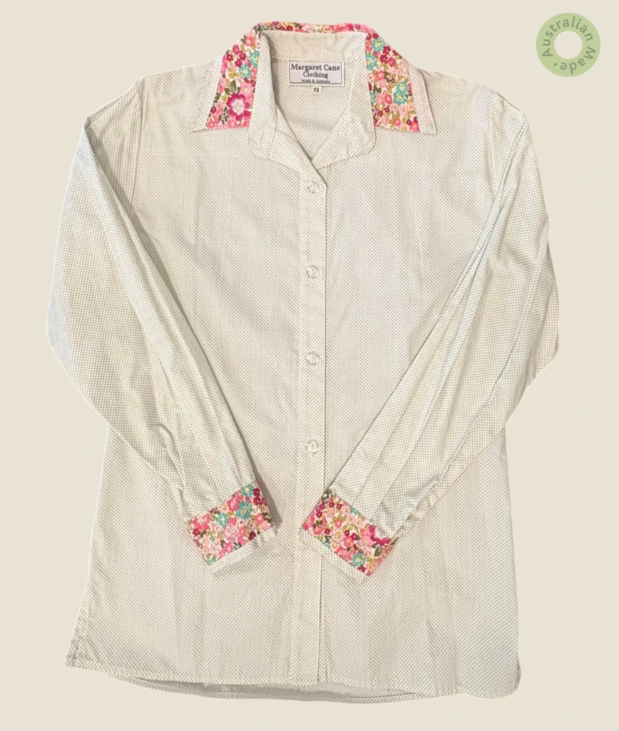 #286 – This shirt features a white base with a dense grey micro-dot pattern throughout