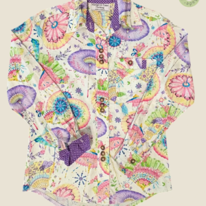 #144 – This shirt features a white base with a vibrant, all-over oriental parasol and f