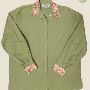 #287 – This shirt features a sage green base with a dense white micro-dot pattern throu