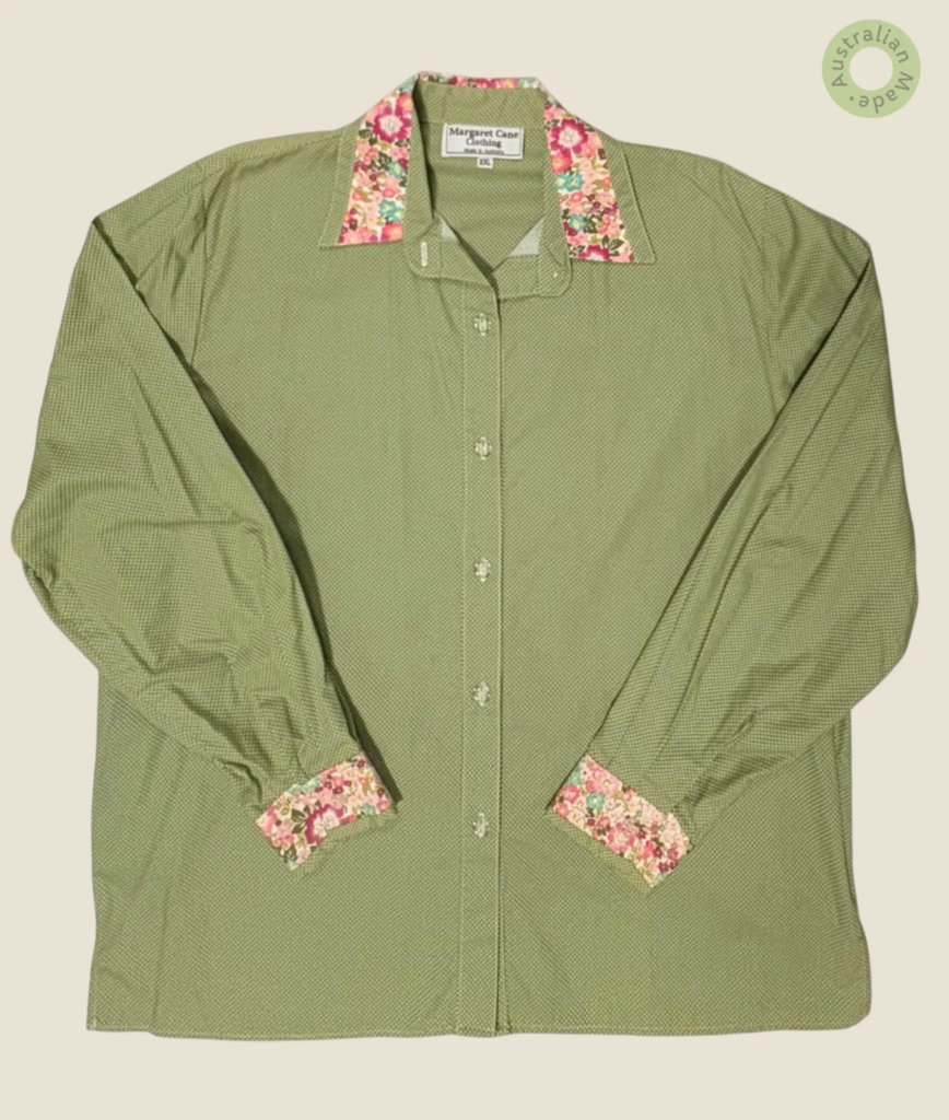 #287 – This shirt features a sage green base with a dense white micro-dot pattern throu