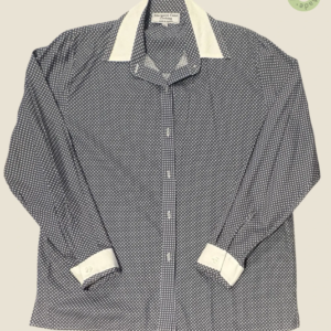 #288 – This shirt features a grey base with a white polka dot pattern throughout, incor