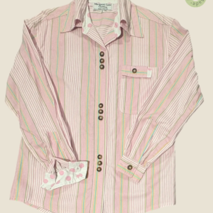 #146 – This shirt features a pink and white vertical stripe base with vibrant yellow an
