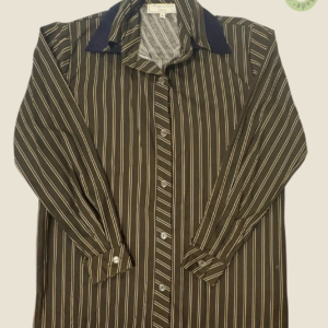 #147 – Dark brown base with gold vertical stripes and a diagonal stripe placket. Featur