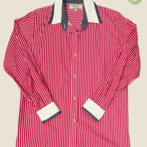 #297 – Magenta and white vertical striped shirt featuring a solid white contrast collar