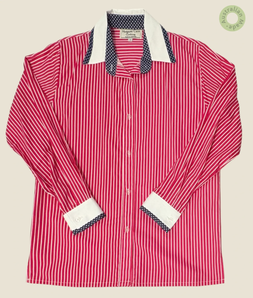 #297 – Magenta and white vertical striped shirt featuring a solid white contrast collar