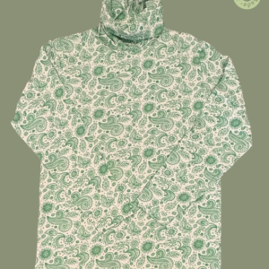 #602 – This top features a white base with a detailed green paisley and floral pattern