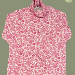 #605 – This top features a white base with a detailed pink paisley and floral pattern t