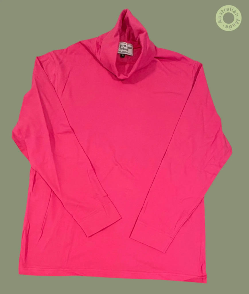 #607 – This topis a solid Magenta throughout the body, sleeves and turtleneck. Photo #5